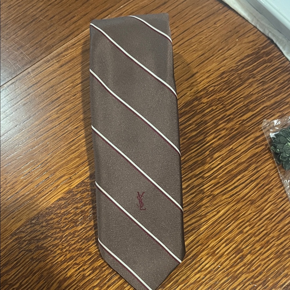 Yves Saint Laurent Brown and White Striped Tie